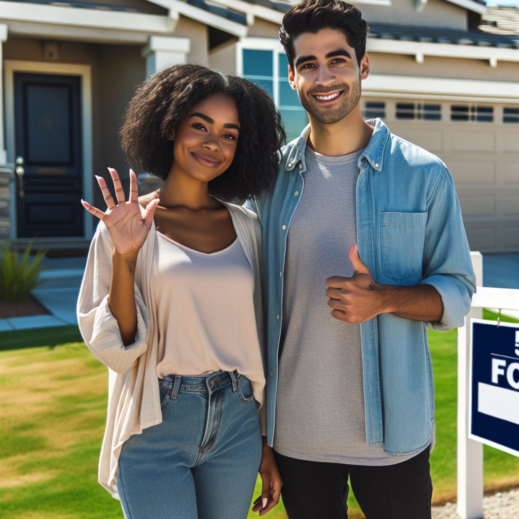 Happy couple standing outside their Northwest Arkansas home, smiling and waving, next to a For Sale sign.