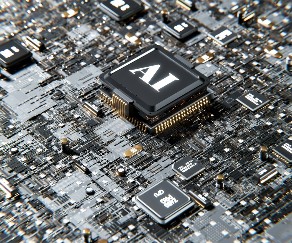 Close-up of a circuit board featuring a central processing chip labeled "AI," symbolizing artificial intelligence technology.