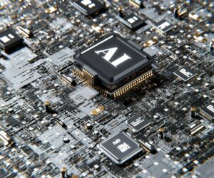 Close-up of a circuit board featuring a central processing chip labeled "AI," symbolizing artificial intelligence technology.