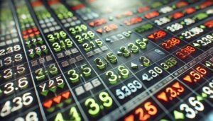 A close-up digital display of a stock market ticker showing stock symbols with rising prices in green and falling prices in red, reflecting real-time market fluctuations.