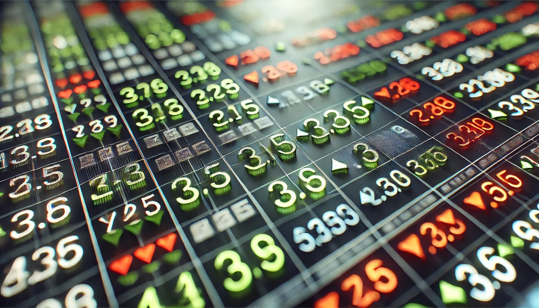 A close-up digital display of a stock market ticker showing stock symbols with rising prices in green and falling prices in red, reflecting real-time market fluctuations.
